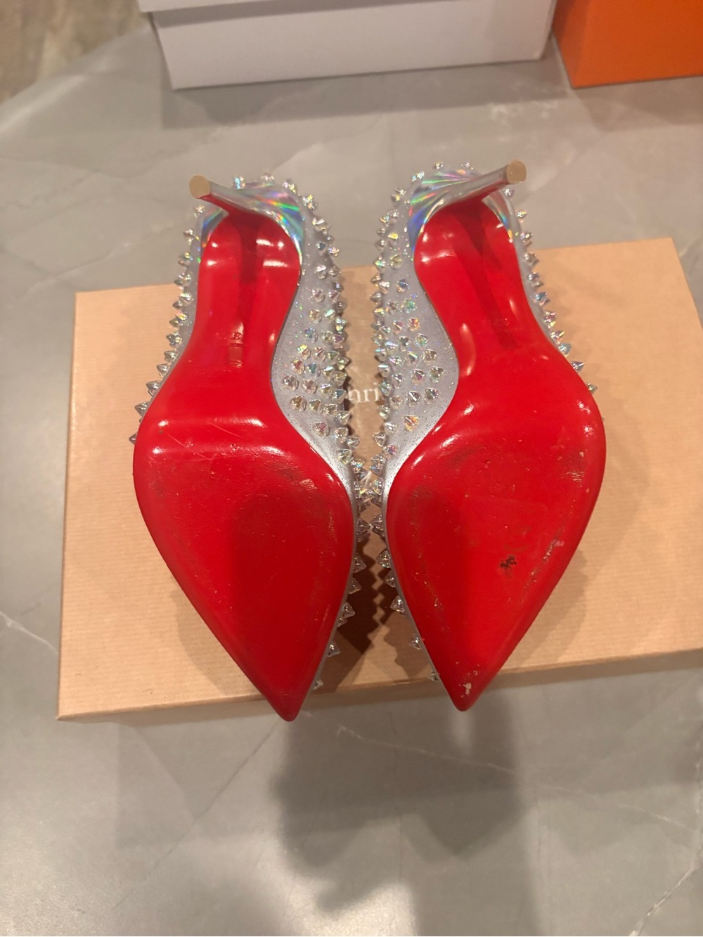 Christian Louboutin (Rare) Crystal-Stud Pointed Toe High Heels in Light Gray - Picture 3 of 3